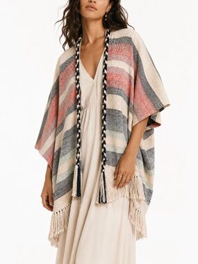 Ulla Johnson 100% Cotton Handmade Striped Ruana Poncho One Size Coastal Boho